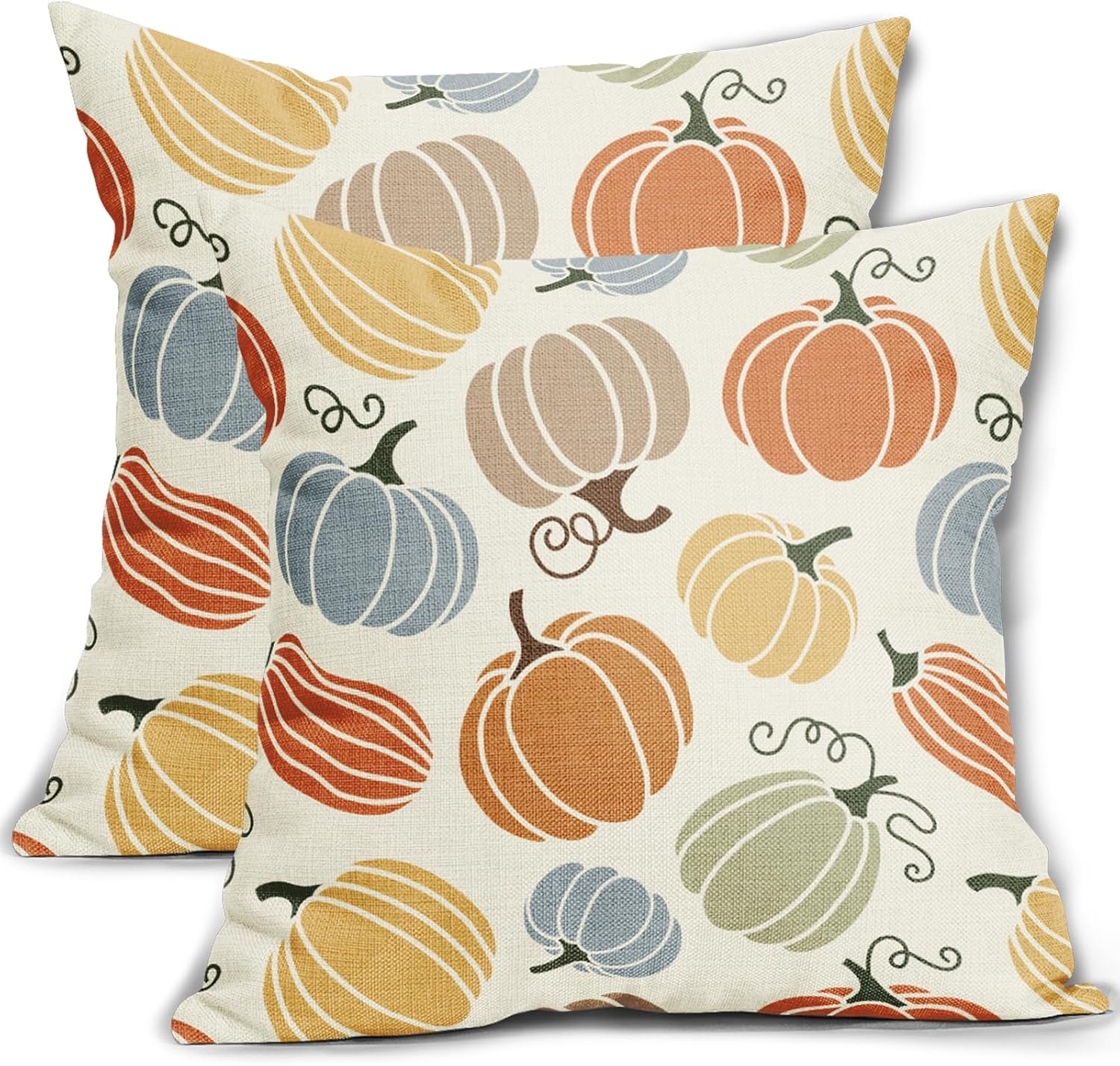 Set of 2 18x18 Fall Thanksgiving Pillow Covers in Blue Yellow Orange Pumpkin Design-image