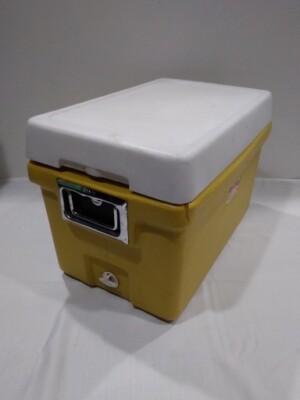Vintage 70s Yellow / White Coleman Cooler Metal Handles Bottle