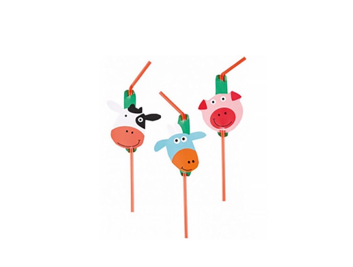 Amscan - Pack Of 8 Farmyard Animals Plastic Drinking Straws