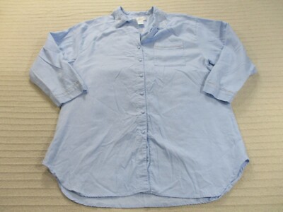 Eileen West Womens Sleep Shirt Large Blue Button Up Long Sleeve Pockets Cotton