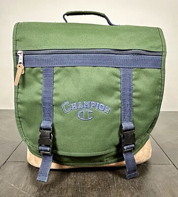 Vintage Champion Canvas Backpack Book Bag Pencil Pockets Buckle Close Green