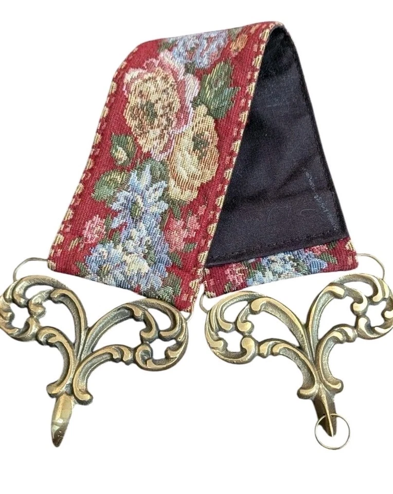 Vintage Red Floral Tapestry Bell Pull Ringer Corona Decor Brass Metal 18" - Image 3 of 4