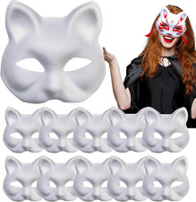 10PCS Cat Therian Mask White Paper Pulp Cat Masks to Paint Animal Half Facemasks