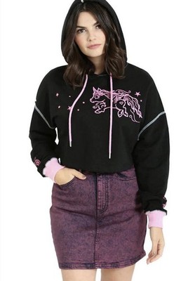 Hell Bunny Starcatcher Hoodie Size 2XL Black Cropped Pink Unicorn Print NEW