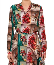 Stella McCartney Floral Vase Print Silk Top Blouse Red Green Grid Check IT 38