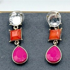 Vintage Women's Pink Orange Gold Tone Stud Screw Back Beauty Dangle Earrings Y2K