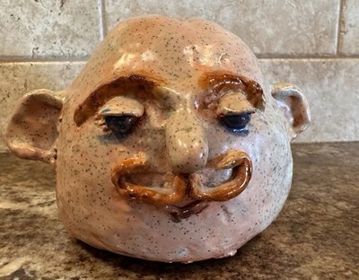 Folk Art Face Jug Pottery Bank Signed Studio Ceramic Outsider Art