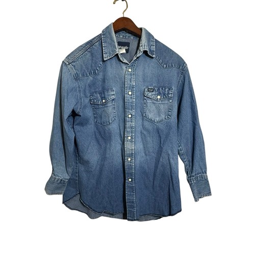 Vintage Mens Western Shirt Large Wrangler Denim 90's Soft Fade Cowboy Pearl Snap