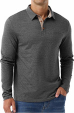 Mens Gray Solid Polo Shirt L Regular Long Sle...