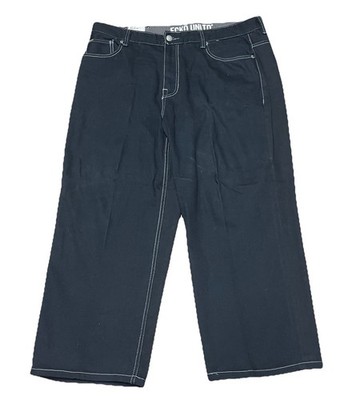 Ecko Unltd Jeans Mens 42x28 Black Denim Loose Fit Embroidered Pockets Baggy Y2K