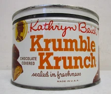 VINTAGE KATHRYN BEICH KRUMBLE KRUNCH CANDY TIN CAN W/ LID EMPTY