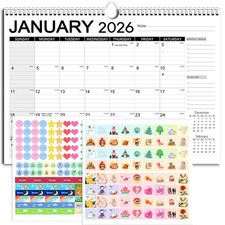 2026 Wall Calendar - 18 Months, Large Blocks, Thick Paper, Stickers Included