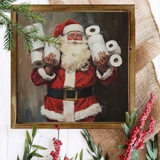 Humorous Santa Toilet Paper 8x8in Wooden Christmas Sign Funny Rustic Wood Plaque