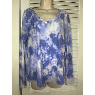 Eye Candy Essentials Womens Blue White Tie Dye V-Neck Long Sleeve Top Size Large