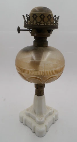 Atterbury Prism & Loop Oil Lamp Screw Font c1870s Antique Milk Glass Base