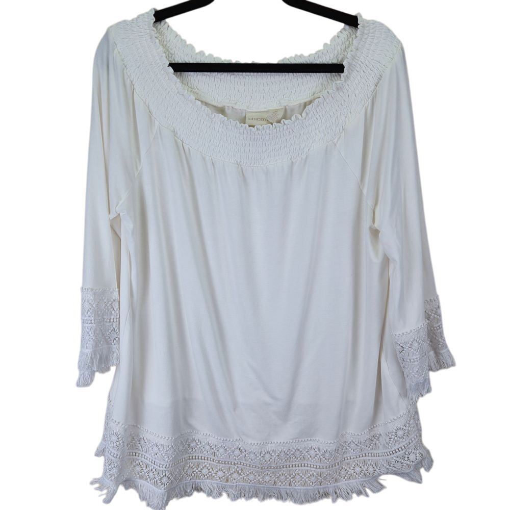 Chicos Women White Blouse Sz Medium 12 (2) Bohemian Beach Feminine Hippie Tunic