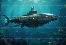 STEAMPUNK SUBMARINE UNDERWATER ART PRINT, Surreal Ocean Poster, Fantasy Decor