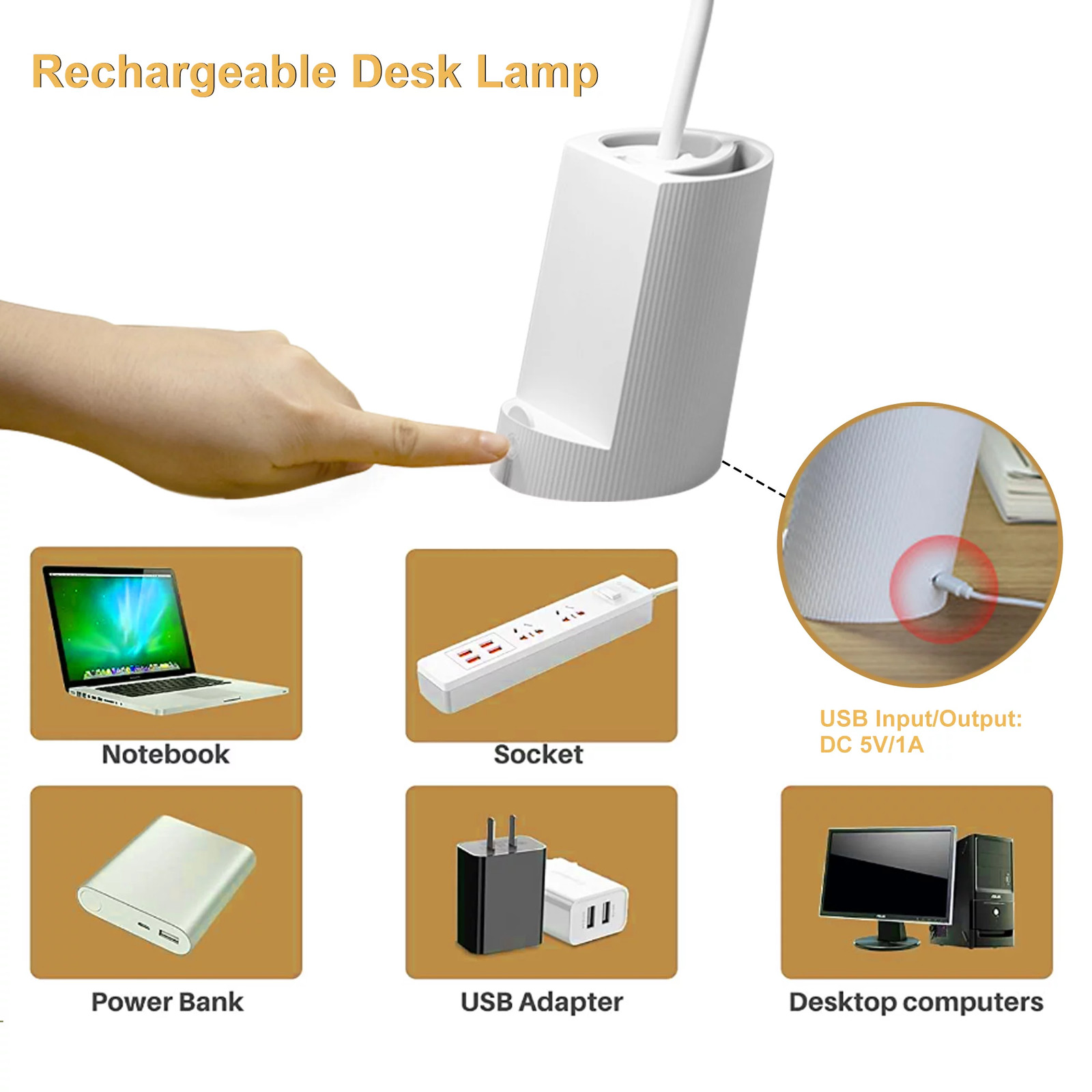 Small Desk Lamp with USB Port Rechargeable LED Desk Light with 3 Modes