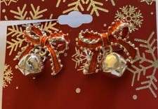 Christmas Bow Holiday Red Silver Bow Bell Pierced Post Earring Fashion Jewelry