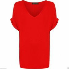 Womens V Neck Turn Up T-shirt Ladies Oversized Baggy Sleeve  Loose Top UK 8-26