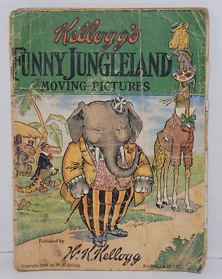 Antique Vintage Kellogg's Funny Jungleland Moving Pictures Childrens Book 1909
