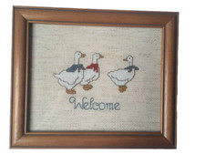 Vintage Finished / Completed Handmade Cross Stitch "Welcome" Custom Frame