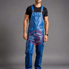 Men's Genuine Soft Leather Blue Bib Overall Dungaree Jumpsuit Suit Uniform Dress