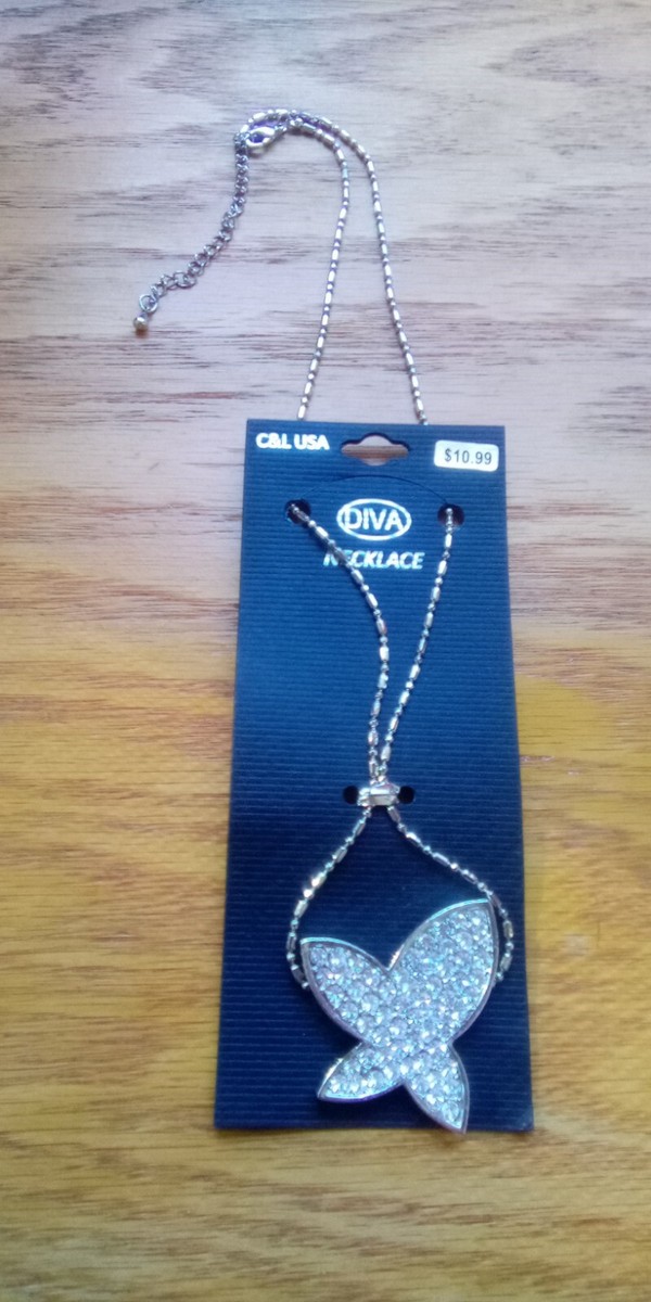 Diva Brand Dainty Silver Chain Butterfly White Rhinestones