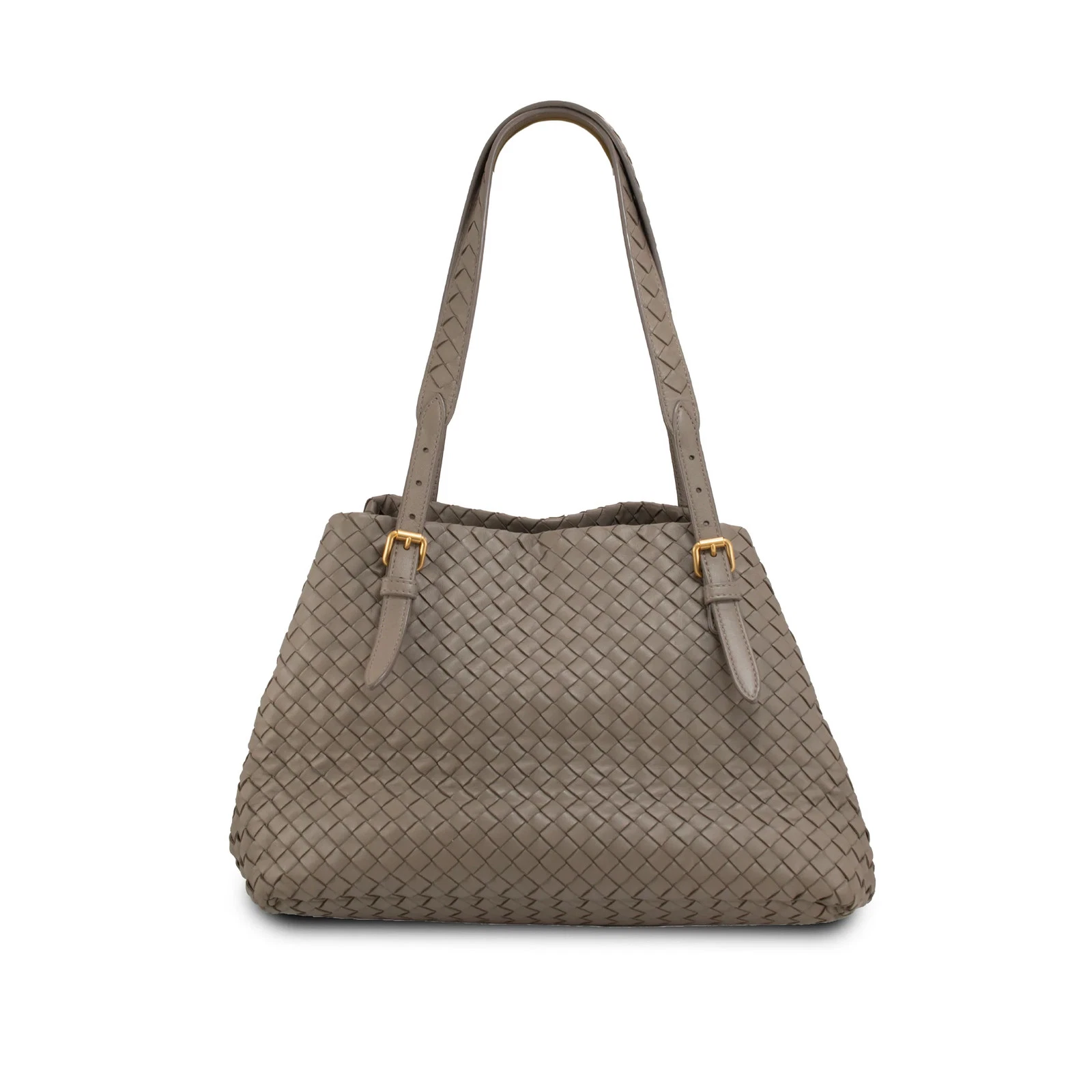 Bottega Veneta — Bottega Veneta Intrecciato Nappa Leather Taupe Gold-Tone Shoulder Handbag