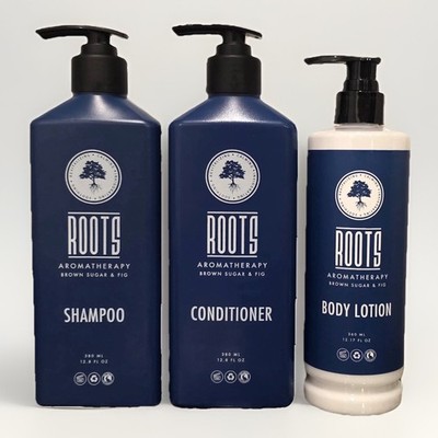 BUNDLE Roots Aromatherapy Brown Sugar & Fig Shampoo, Conditioner & Body Lotion