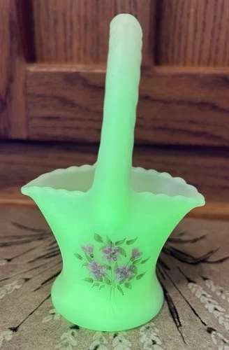 Vintage 1970's Hand-Painted Fenton Satin Custard Uranium Glass Basket Signed