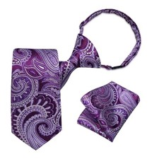 Boys Pre-tied Neckties and Pocket Square Set Adjustable Dark Purple Paisley