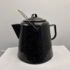 Large Vintage Enamel Ware Coffee Pot Kettle Antique Cowboy Campfire Black/white