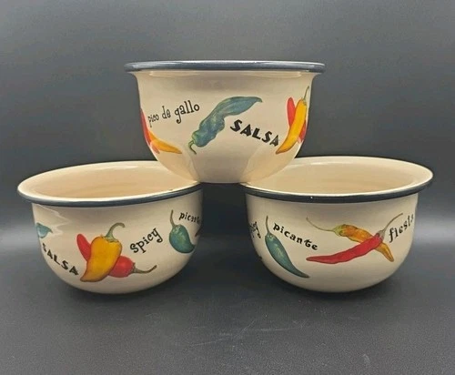 Home & Garden Party Ltd 2004 Hot Peppers Salsa Fiesta Bowls Stoneware Lot of 3