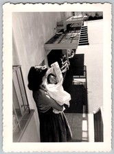 Vtg B&W Snapshot Mother Holding Swaddled Baby Motel Balcony Staircase Car 1950s