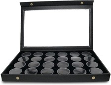 Large Jewelry Display Case 14.75x8.25 24 Gem Jars Clear Lid Black Foam Tray