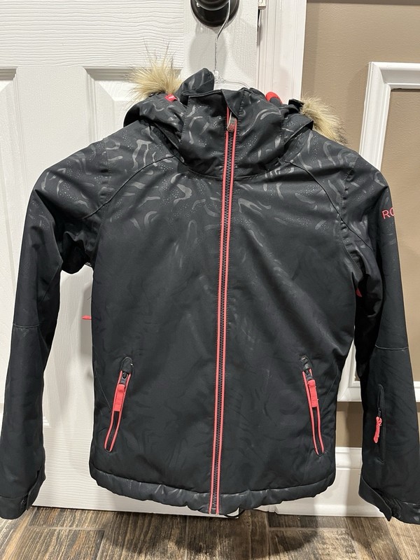 ROXY SKI JACKET GIRLS SIZE 10M BLACK, PINK, RED FAUX FUR HOODED SNOWBOARDING