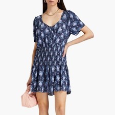 LoveShackFancy Brickell Blue Gathered Floral Print Crepe Mini Dress Size Large