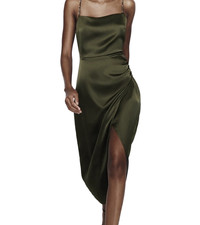 Zara Womens Satin Effect Beaded Slip Midi Dress Small Green Khaki Nwot