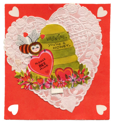 Vintage Valentine Card, Anthropomorphic BEE Heart Antennas ''PLEASE BEE MINE''