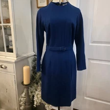 MISS RUBETTE Wool Sheath Dress Sz 14 Navy Mod 1960s Jackie O Classic Vintage