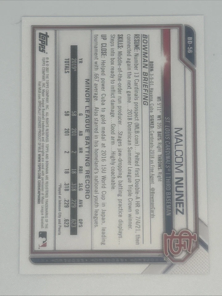 2021 Bowman Draft - Chrome Malcom Nunez #BDC-56 Gold Refractor /50 (RC) - Image 3 of 3