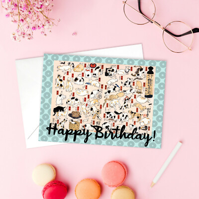 Glückwunschkarte Happy Birthday Japanisch Ukiyo-e Holzschnitt Katzen Kätzchen Lustig - C45