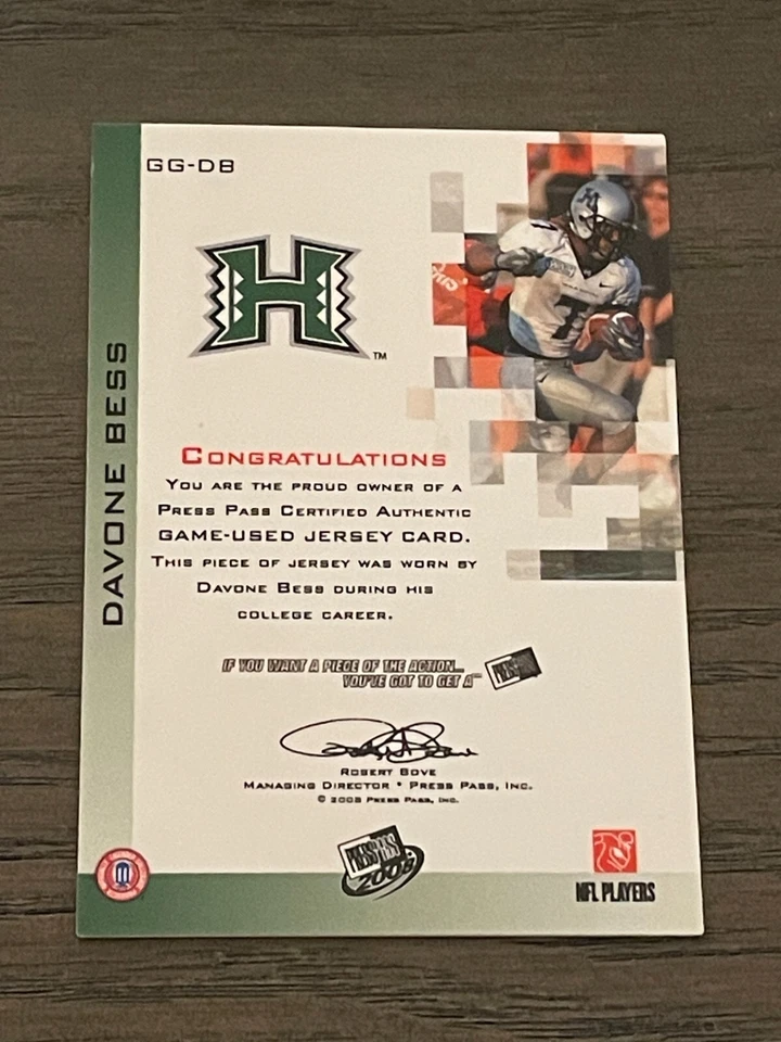 2008 Press Pass Gridiron Gamers Jersey Silver Davone Bess #GG-DB Hawaii /299 - Image 2 of 2