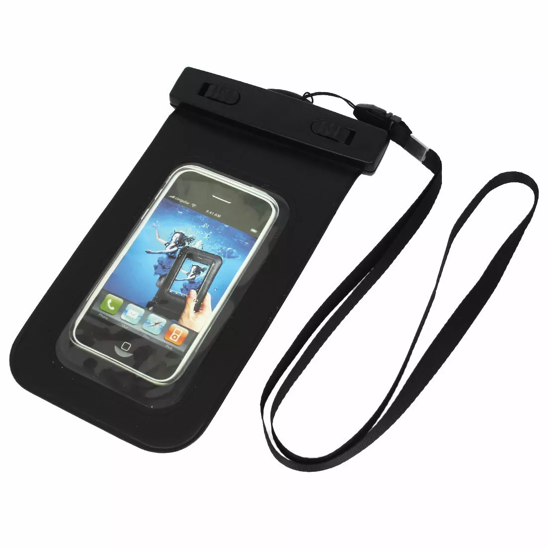 Cell phone pouch with neck strap clearance