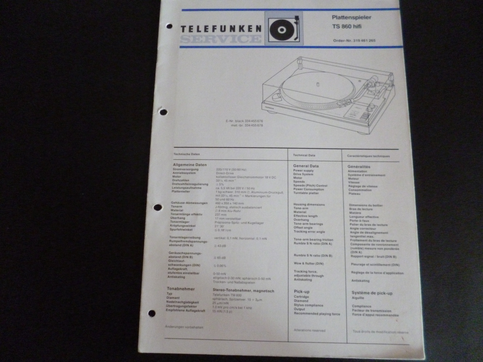 Schaltbild Service Informationen Telefunken Plattenspieler TS 860 hifi