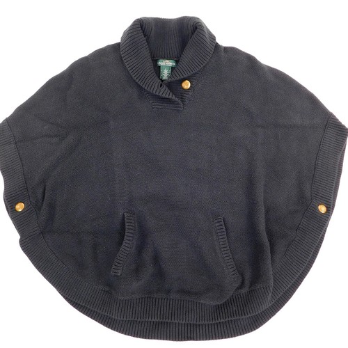 Womans L Poncho Shaw Cape LRL Lauren Jeans Co Black Gold Buttons Hand Pockets - Picture 2 of 14