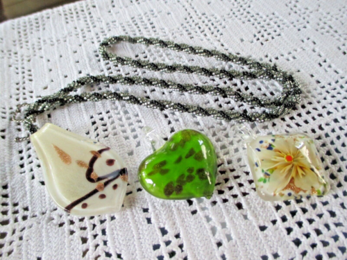 HAND CRAFTED BLACK/HEMATITE 22" TOGGLE NECKLACE & 3 ART GLASS PENDANTS MADE USA