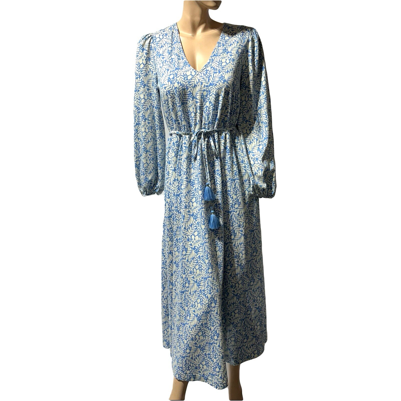 Boden Maxi Dress Blue Leaf Print Size 14 R Tie Belt Tassels Long Sleeve Pockets-image