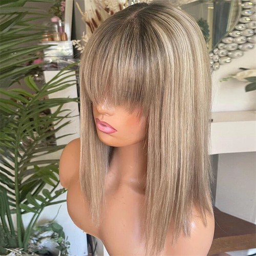 Short Highlight Ash Brown Wig with Bangs Wig Bob Wig 100% Human Hair Lace Front - Picture 4 of 8